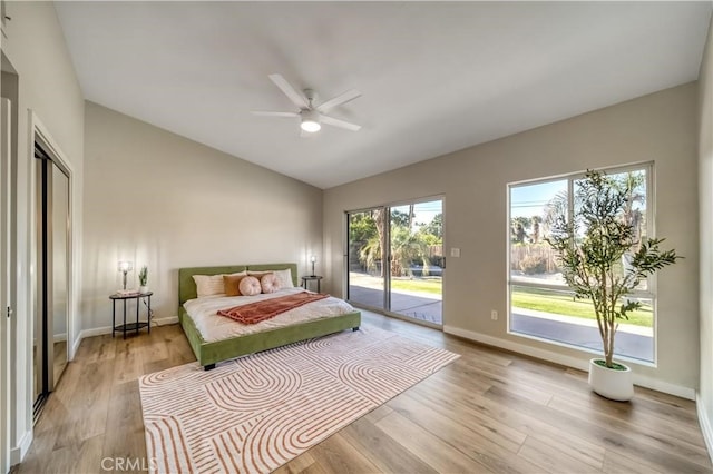 73466 Salt, Cedar, Palm Desert, CA 92260 - bedroom featuring access to exterior, lofted ceiling, light wood finished floors, and a ceiling fan