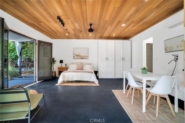 1000 N Chester Ave, Pasadena, CA 91104 - bedroom featuring wooden ceiling, a wall unit AC, finished concrete floors, and recessed lighting