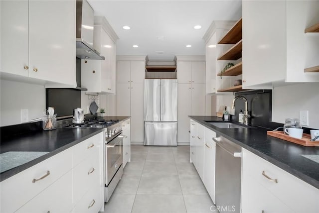 1000 N Chester Ave, Pasadena, CA 91104 - kitchen featuring appliances with stainless steel finishes, open shelves, wall chimney exhaust hood, dark countertops, and light tile patterned floors