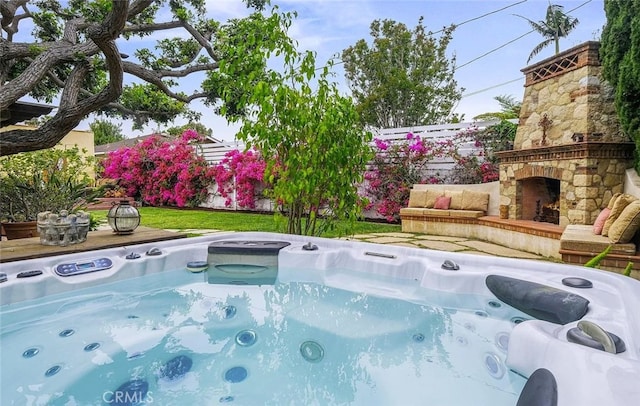 4260 Mcconnell Blvd, Los Angeles, CA 90066 - view of swimming pool with an outdoor stone fireplace and a hot tub