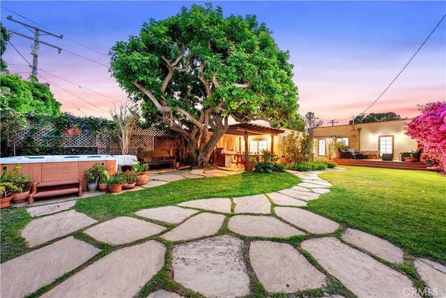 4260 Mcconnell Blvd, Los Angeles, CA 90066 - yard at dusk featuring a hot tub and a patio area
