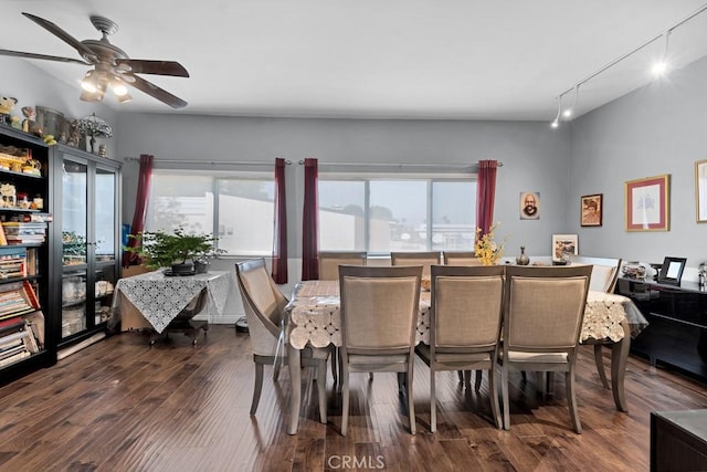 6323 Reseda Blvd Unit 13, Tarzana, CA 91335 - dining space featuring ceiling fan, dark wood-style flooring, plenty of natural light, and track lighting