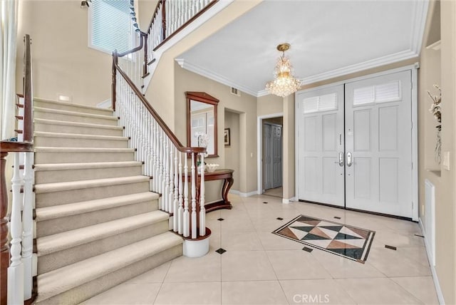 1411 W Boros Ct, La Habra, CA 90631 - entryway featuring stairs, tile patterned flooring, a chandelier, and ornamental molding