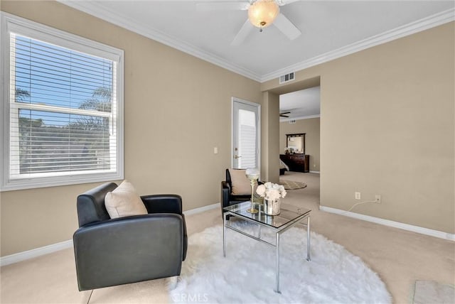 1411 W Boros Ct, La Habra, CA 90631 - sitting room featuring carpet flooring, ceiling fan, and crown molding