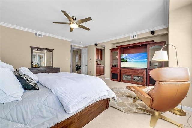 1411 W Boros Ct, La Habra, CA 90631 - carpeted bedroom with crown molding and ceiling fan