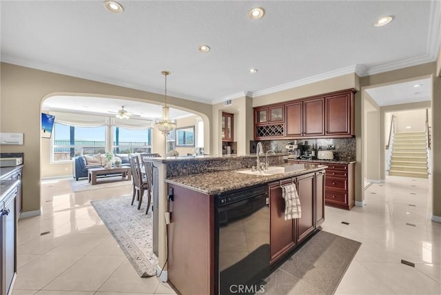 1411 W Boros Ct, La Habra, CA 90631 - kitchen with dishwasher, arched walkways, open floor plan, crown molding, and decorative backsplash
