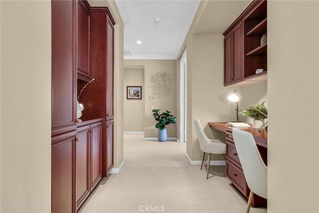 1411 W Boros Ct, La Habra, CA 90631 - office with built in desk, light colored carpet, crown molding, and recessed lighting
