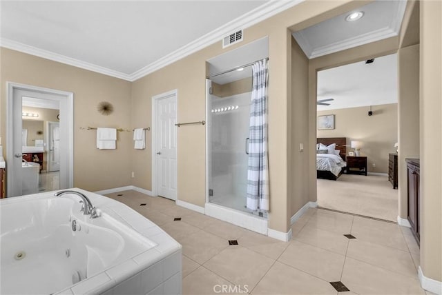 1411 W Boros Ct, La Habra, CA 90631 - ensuite bathroom with a shower stall, a whirlpool tub, ornamental molding, tile patterned floors, and ceiling fan