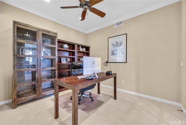 1411 W Boros Ct, La Habra, CA 90631 - office with light colored carpet, ceiling fan, and crown molding