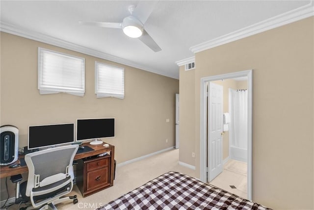 1411 W Boros Ct, La Habra, CA 90631 - office with crown molding, a ceiling fan, and light carpet