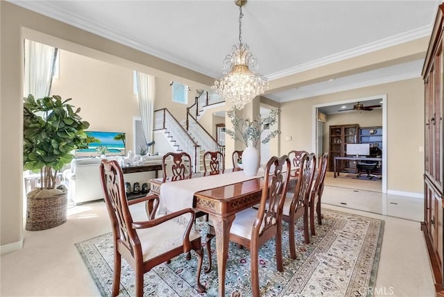 1411 W Boros Ct, La Habra, CA 90631 - dining space featuring a chandelier, stairs, ornamental molding, and a ceiling fan