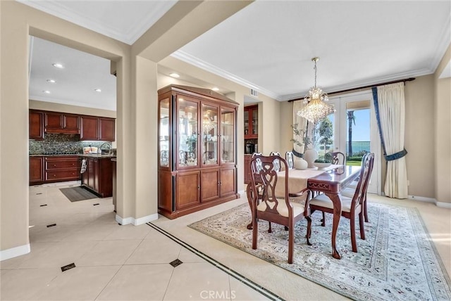 1411 W Boros Ct, La Habra, CA 90631 - dining area featuring ornamental molding, light tile patterned flooring, a chandelier, and french doors
