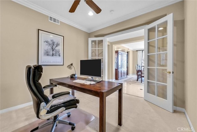 1411 W Boros Ct, La Habra, CA 90631 - office space featuring french doors, light carpet, crown molding, ceiling fan, and recessed lighting