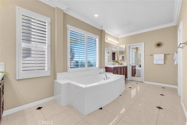1411 W Boros Ct, La Habra, CA 90631 - full bath featuring vanity, a garden tub, ornamental molding, and tile patterned flooring