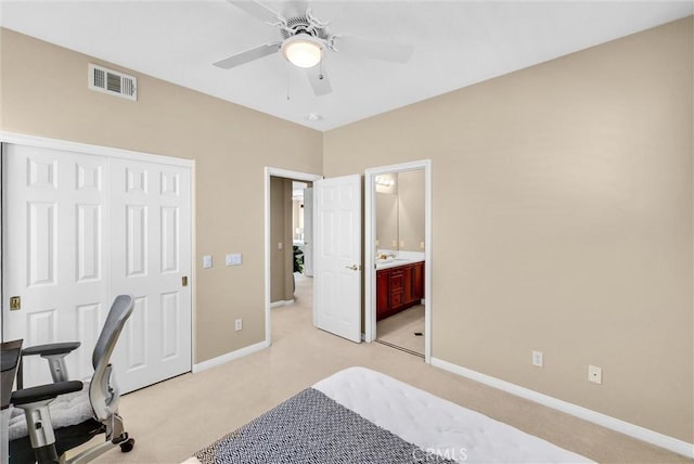 1411 W Boros Ct, La Habra, CA 90631 - bedroom featuring light colored carpet, a closet, ceiling fan, an office area, and ensuite bathroom