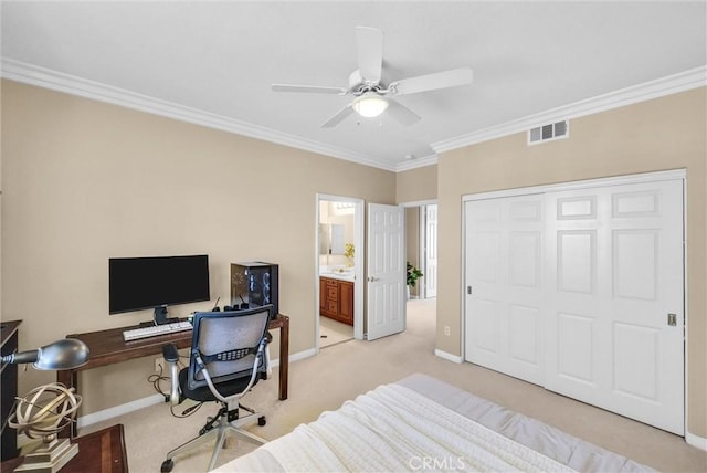 1411 W Boros Ct, La Habra, CA 90631 - office space with light carpet, ornamental molding, and a ceiling fan