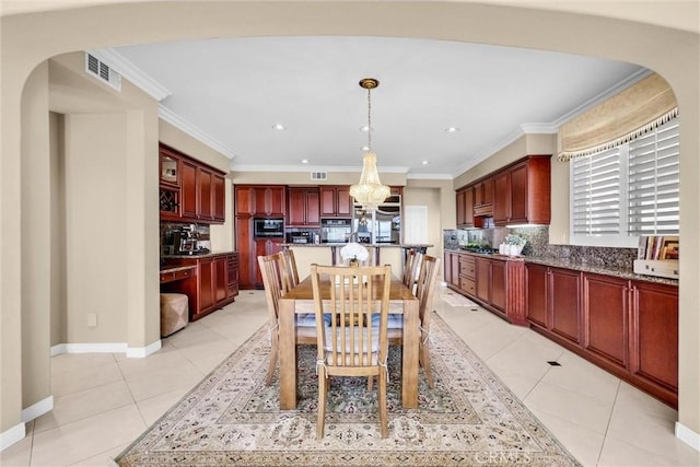 1411 W Boros Ct, La Habra, CA 90631 - dining room featuring a chandelier, arched walkways, ornamental molding, light tile patterned floors, and recessed lighting