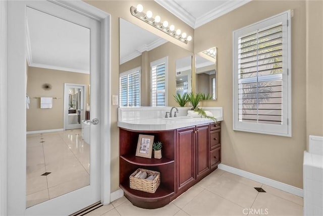 1411 W Boros Ct, La Habra, CA 90631 - bathroom with ornamental molding, vanity, and tile patterned flooring
