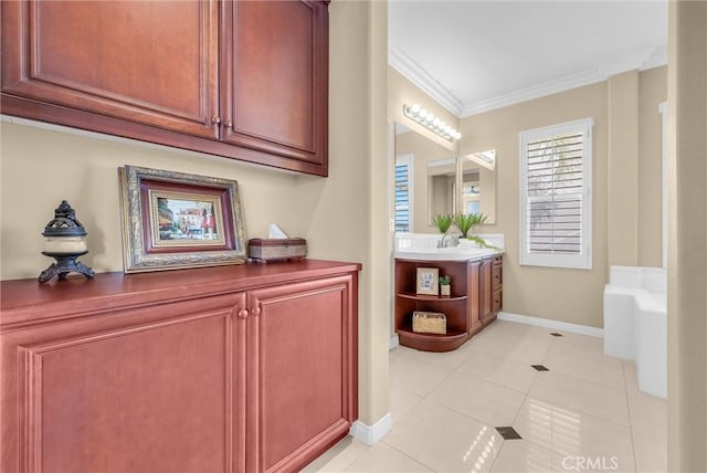 1411 W Boros Ct, La Habra, CA 90631 - full bath featuring vanity, ornamental molding, tile patterned floors, and a bathtub