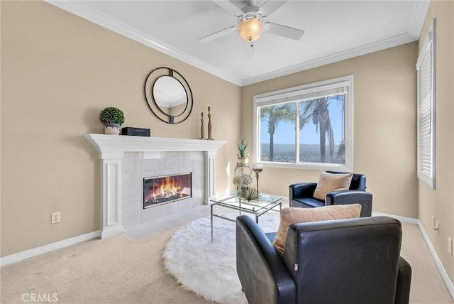 1411 W Boros Ct, La Habra, CA 90631 - living area featuring ornamental molding, carpet, a ceiling fan, and a fireplace