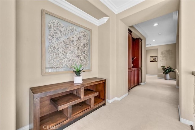 1411 W Boros Ct, La Habra, CA 90631 - corridor featuring ornamental molding, light carpet, and recessed lighting