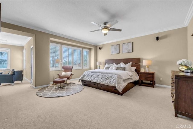 1411 W Boros Ct, La Habra, CA 90631 - bedroom with light colored carpet, crown molding, and a ceiling fan