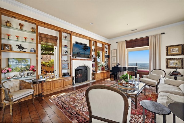 15 Sarteano Dr, Newport Coast, CA 92657 - living area with dark wood-style flooring, crown molding, and a warm lit fireplace