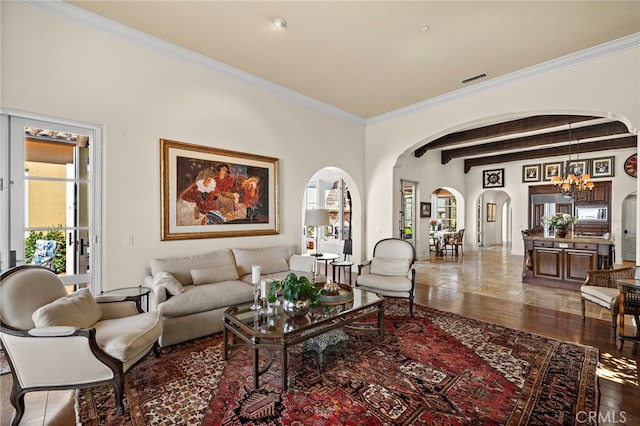 15 Sarteano Dr, Newport Coast, CA 92657 - living area with arched walkways, beam ceiling, crown molding, wood-type flooring, and a chandelier