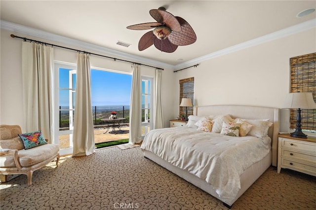 15 Sarteano Dr, Newport Coast, CA 92657 - bedroom featuring access to exterior, crown molding, carpet flooring, and ceiling fan