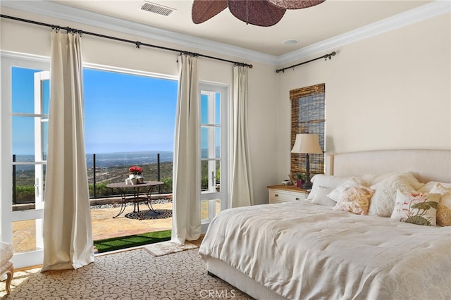15 Sarteano Dr, Newport Coast, CA 92657 - bedroom featuring ornamental molding, access to outside, multiple windows, and a ceiling fan