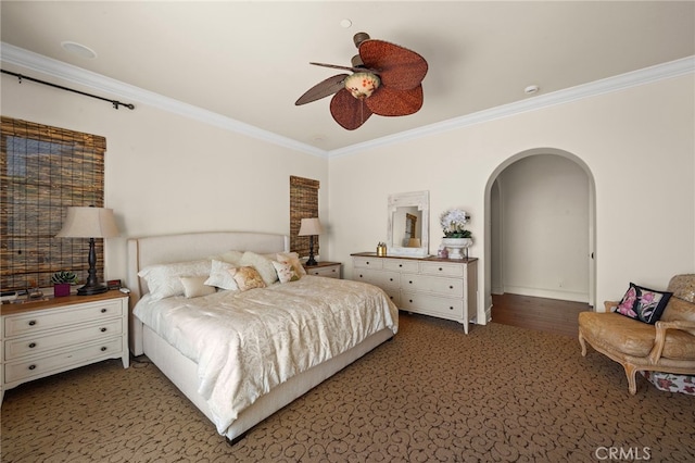 15 Sarteano Dr, Newport Coast, CA 92657 - bedroom with ornamental molding, arched walkways, carpet flooring, and ceiling fan