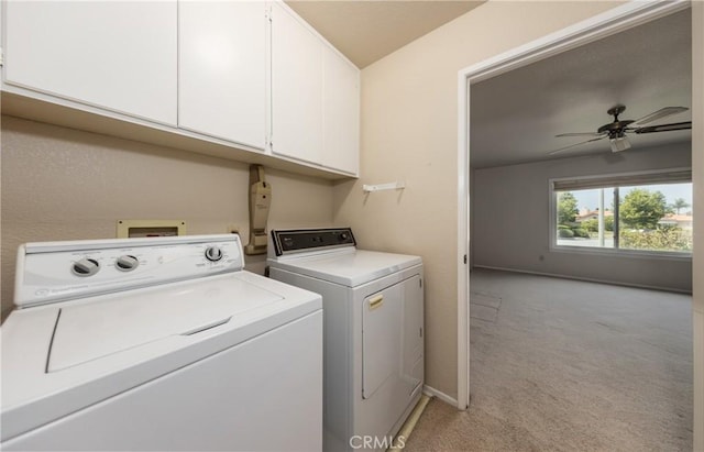 1144 Jasmine St, Redlands, CA 92374 - laundry area featuring independent washer and dryer, cabinet space, light colored carpet, and ceiling fan