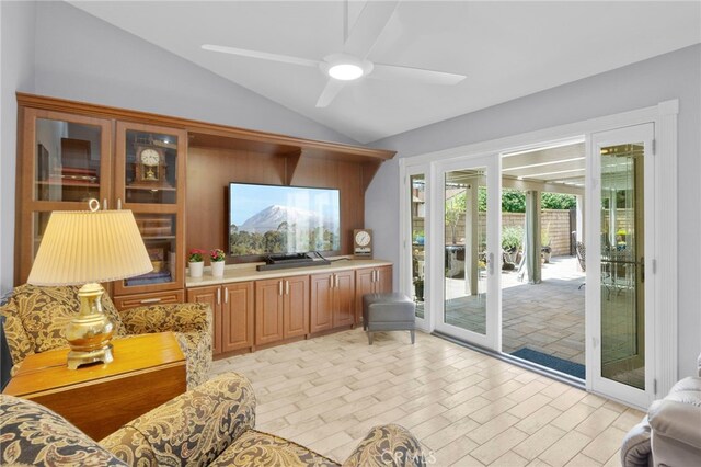21845 Tumbleweed Cir, Lake Forest, CA 92630 - living area with lofted ceiling and a ceiling fan