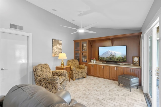 21845 Tumbleweed Cir, Lake Forest, CA 92630 - living area with ceiling fan, brick patterned flooring, and high vaulted ceiling
