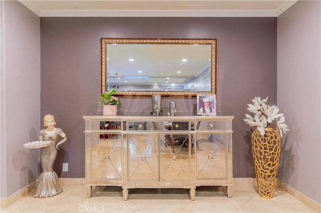 13837 Sylvan St, Valley Glen, CA 91401 - bar area with crown molding, tile patterned floors, and recessed lighting
