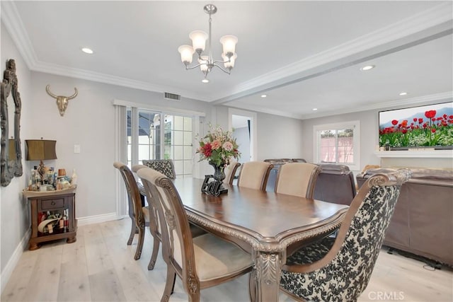 1305 E Eckerman Ave, West Covina, CA 91790 - dining room featuring a chandelier, light wood finished floors, recessed lighting, and crown molding