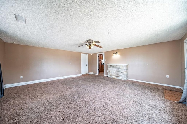 10288 Effen St, Rancho Cucamonga, CA 91730 - unfurnished living room with carpet flooring, a ceiling fan, a textured ceiling, and a brick fireplace