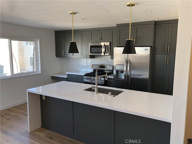 200 39th St, Manhattan Beach, CA 90266 - kitchen featuring stainless steel appliances, tasteful backsplash, light wood-style floors, light countertops, and hanging light fixtures