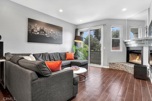 6323 Reseda Blvd Unit 39, Tarzana, CA 91335 - living room featuring dark wood-type flooring, a glass covered fireplace, and recessed lighting