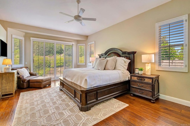 282 Camino Del Postigo, Escondido, CA 92029 - bedroom featuring access to outside, dark wood-style flooring, and ceiling fan