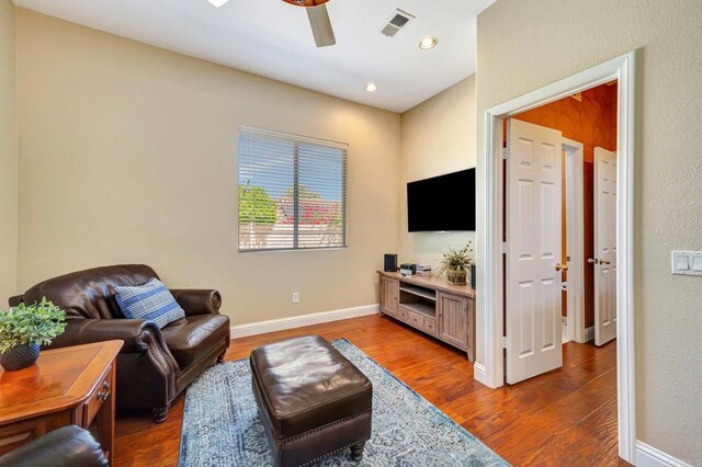 282 Camino Del Postigo, Escondido, CA 92029 - living room with ceiling fan, dark wood-style floors, and recessed lighting