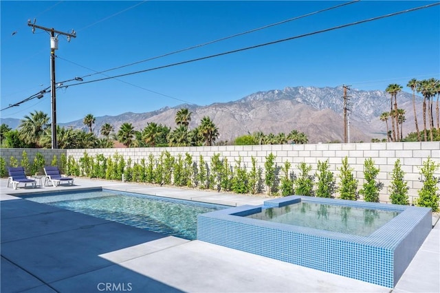 2901 N Biskra Rd, Palm Springs, CA 92262 - view of pool with a fenced backyard, an in-ground hot tub, a mountain view, and a patio