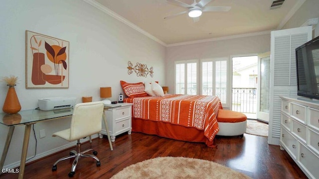 1239 Bayside Ln, Oxnard, CA 93035 - bedroom with wood finished floors, crown molding, a desk, and a ceiling fan