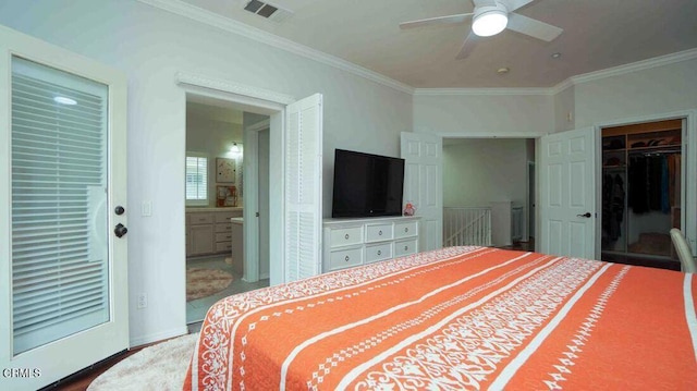 1239 Bayside Ln, Oxnard, CA 93035 - bedroom with ornamental molding, a ceiling fan, and a closet