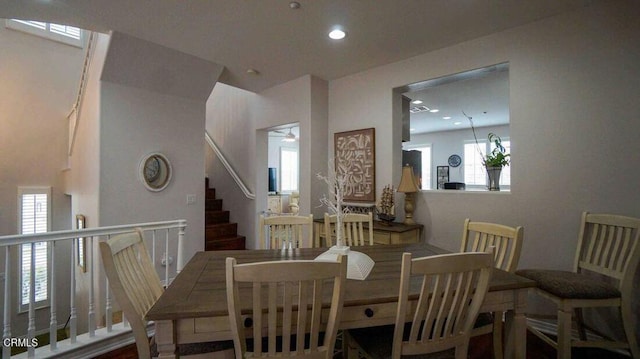 1239 Bayside Ln, Oxnard, CA 93035 - dining area featuring stairs, recessed lighting, and ceiling fan