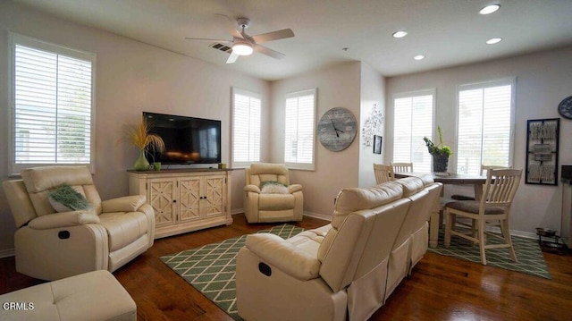1239 Bayside Ln, Oxnard, CA 93035 - living room featuring recessed lighting, dark wood-style flooring, and a ceiling fan