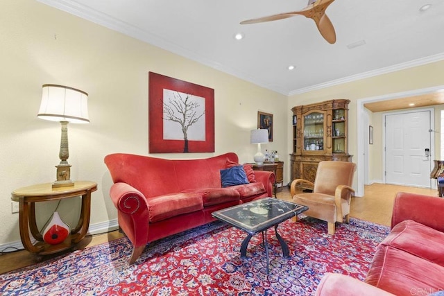 301 W G St Unit 119, San Diego, CA 92101 - living area featuring ornamental molding, ceiling fan, wood finished floors, and recessed lighting