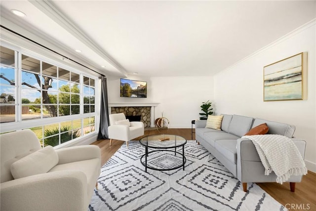 1345 W Valley View Dr, Fullerton, CA 92833 - living area with wood finished floors, a fireplace, crown molding, and recessed lighting
