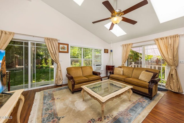 216 N Fulton St, Ojai, CA 93023 - living area with a skylight, wood finished floors, high vaulted ceiling, a ceiling fan, and healthy amount of natural light
