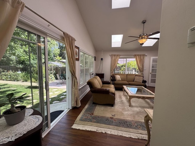 216 N Fulton St, Ojai, CA 93023 - living room with a skylight, dark wood finished floors, a ceiling fan, and high vaulted ceiling